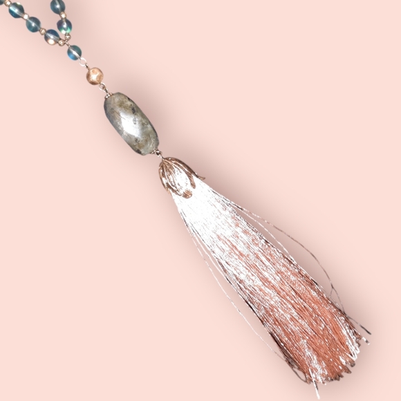 Labradorite, frosted glass gemstone tassel necklace wood beads adjustable signed - Picture 1 of 15